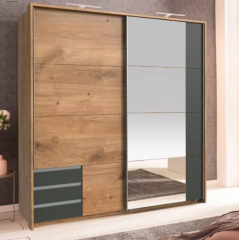 Emden Mirrored Sliding Wardrobe - Planked Oak and Graphite  