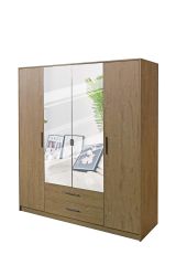 Swindon 4 Door 180cm Mirror Wardrobe with 2 Drawer - Planked Oak