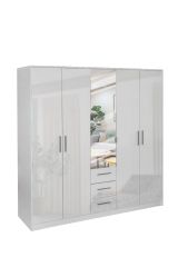 Swindon High Gloss 5 Door 200cm Mirror Wardrobe with 3 Drawer - White