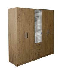 Swindon 5 Door 200cm Mirror Wardrobe with 3 Drawer - Planked Oak 