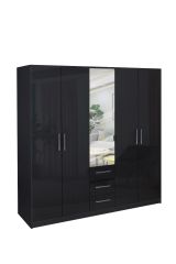Swindon High Gloss 5 Door 200cm Mirror Wardrobe with 3 Drawer - Black