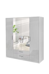 Swindon High Gloss 4 Door 180cm Mirror Wardrobe with 2 Drawer - White