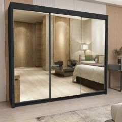 Hilton Mirror Sliding Door 250cm Large Wardrobe - Black