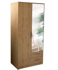 Swindon 2 Door 90cm Mirror Wardrobe with 2 Drawer - Planked Oak