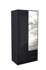 Swindon High Gloss 2 Door 90cm Mirror Wardrobe with 2 Drawer - Black