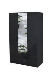 Swindon High Gloss 3 Door 135cm Mirror Wardrobe with 2 Drawer - Black