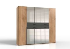 Denver 5 Door Wardrobe with Mirror and Drawers - Planked Oak and Graphite