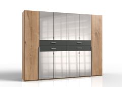 Denver 6 Door Wardrobe with Mirror and Drawers - Planked Oak and Graphite 