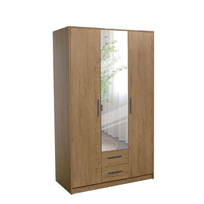 Swindon 3 Door 135cm Mirror Wardrobe with 2 Drawer - Planked Oak