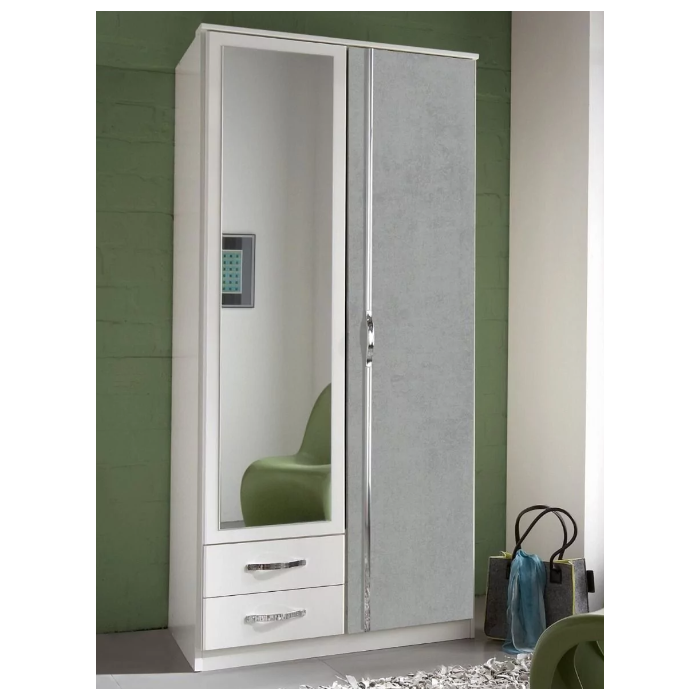 Duo 2 Door Wardrobe Mirrored with 2 Drawers - White and Grey