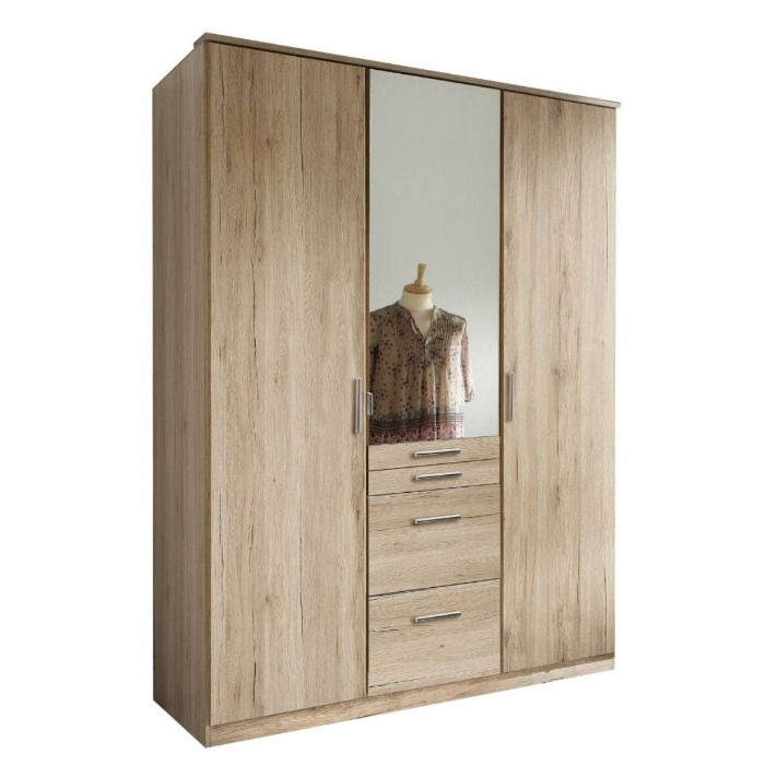 Aachen 3 Door 4 Drawer Mirrored Wardrobe - Oak