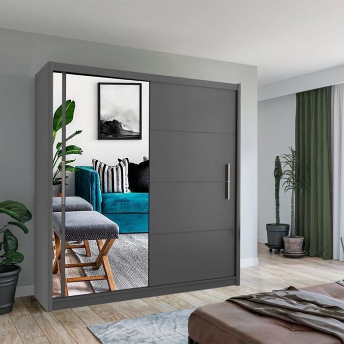 Inventive Mirror Sliding Door 150cm Wardrobe - Grey