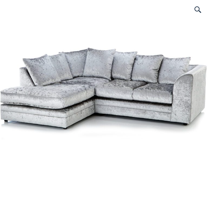 Crystal Crushed Velvet 4 Seater Silver Corner Sofa- Left Side