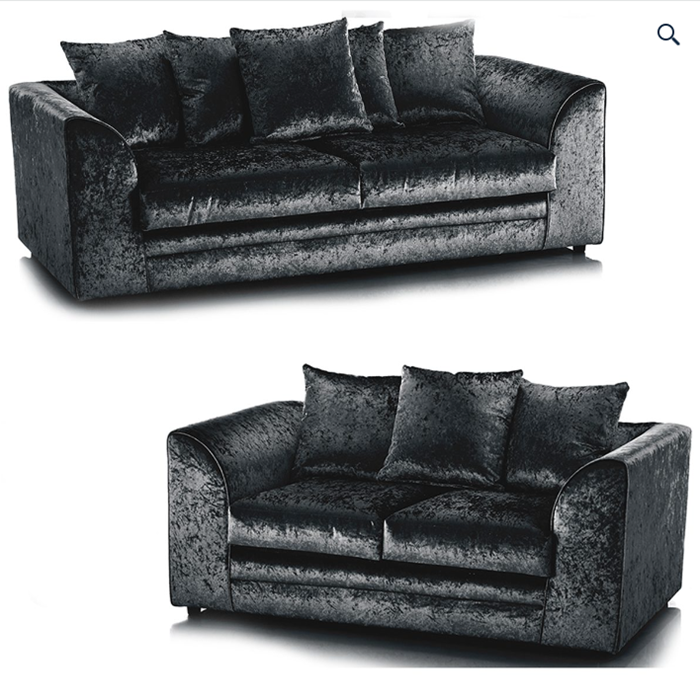 Crystal Crushed Velvet 3 Seater and 2 Seater Sofa Set - Black
