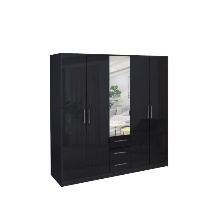 Swindon High Gloss 5 Door 200cm Mirror Wardrobe with 3 Drawer - Black