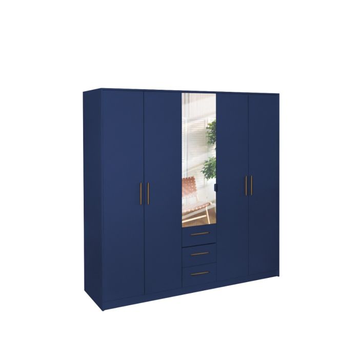 Swindon 5 Door 200cm Mirror Wardrobe with 3 Drawer - Dark Blue