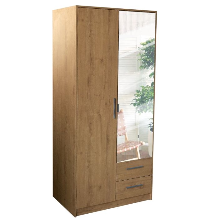 Swindon 2 Door 90cm Mirror Wardrobe with 2 Drawer - Planked Oak