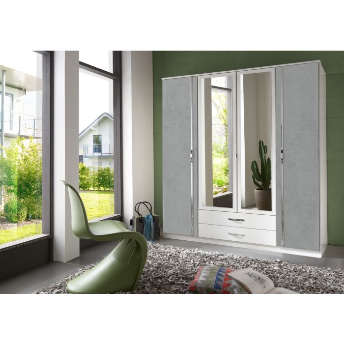 Duo 4 Door Wardrobe Mirrored with 2 Drawers - White and Grey