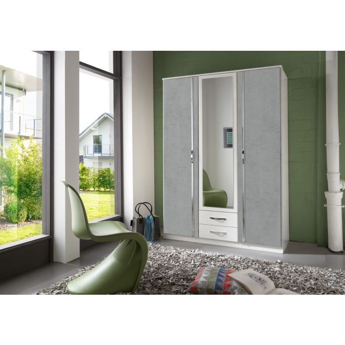 Duo  3 Door Wardrobe Mirrored with 2 Drawers - White and Grey