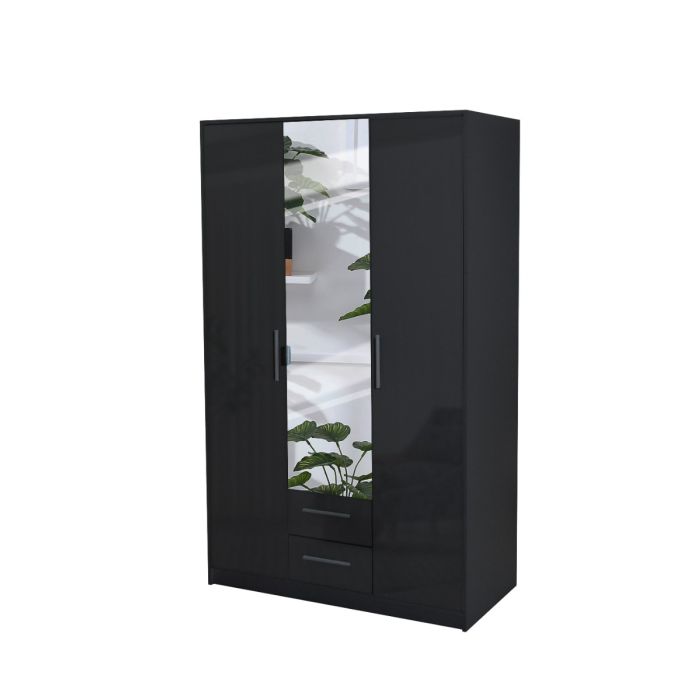 Swindon High Gloss 3 Door 120cm Mirror Wardrobe with 2 Drawer - Black