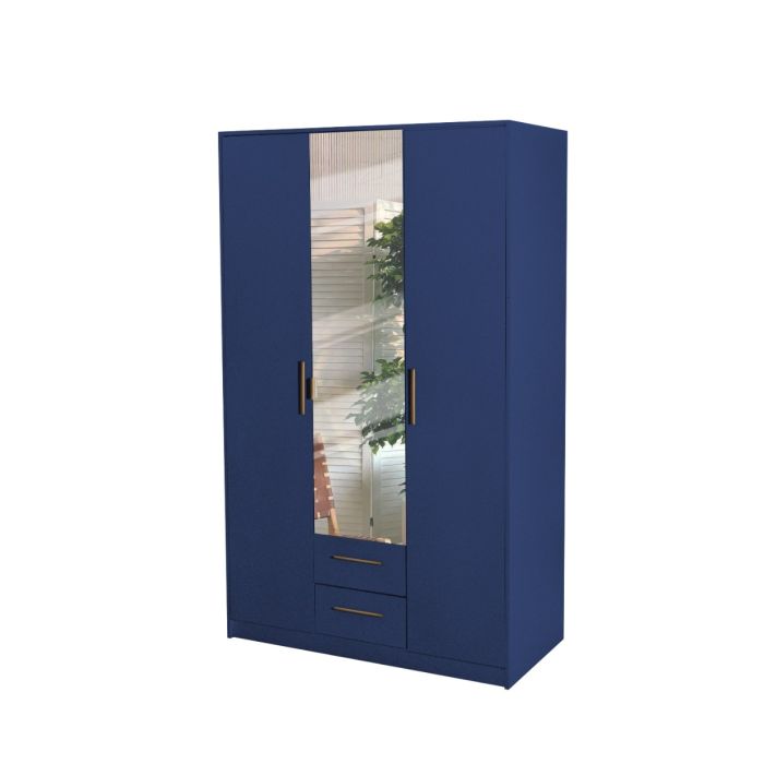 Swindon 3 Door 120cm Mirror Wardrobe with 2 Drawer - Dark Blue