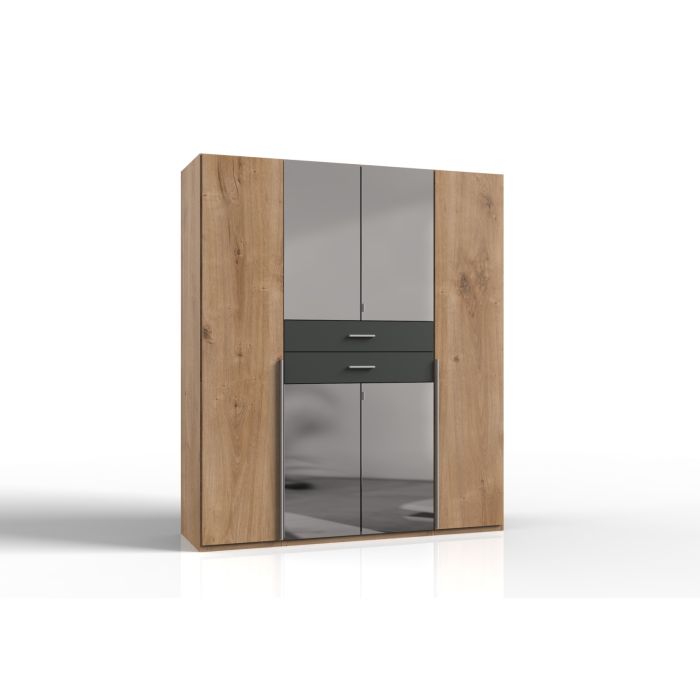Denver 4 Door Wardrobe with Mirror and Drawers - Planked Oak and Graphite
