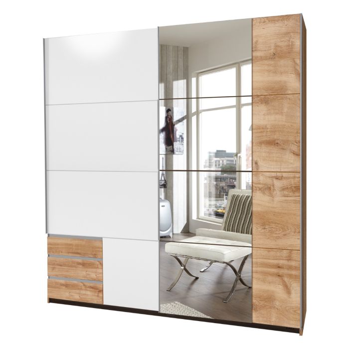 Emden Mirrored Sliding Wardrobe - Planked Oak And White